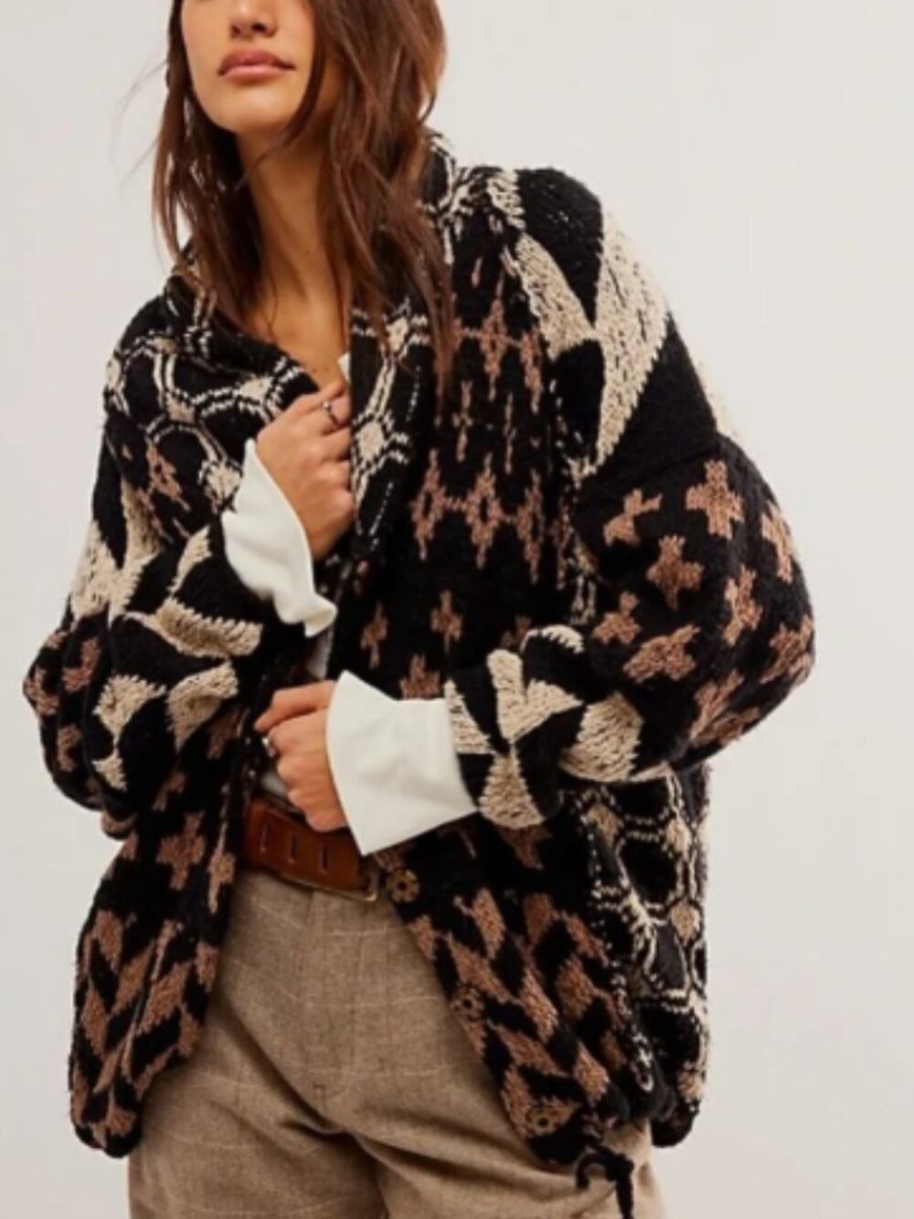 Free People Bright Optimistic Cardi Sweater Oversized Knit Black Tan Size Large